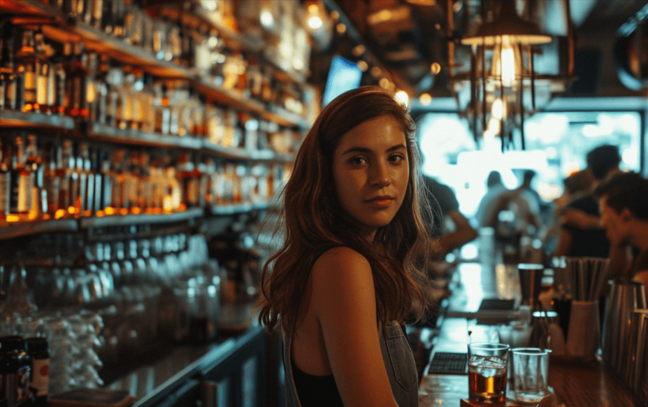A female bartender that is busy getting drinks