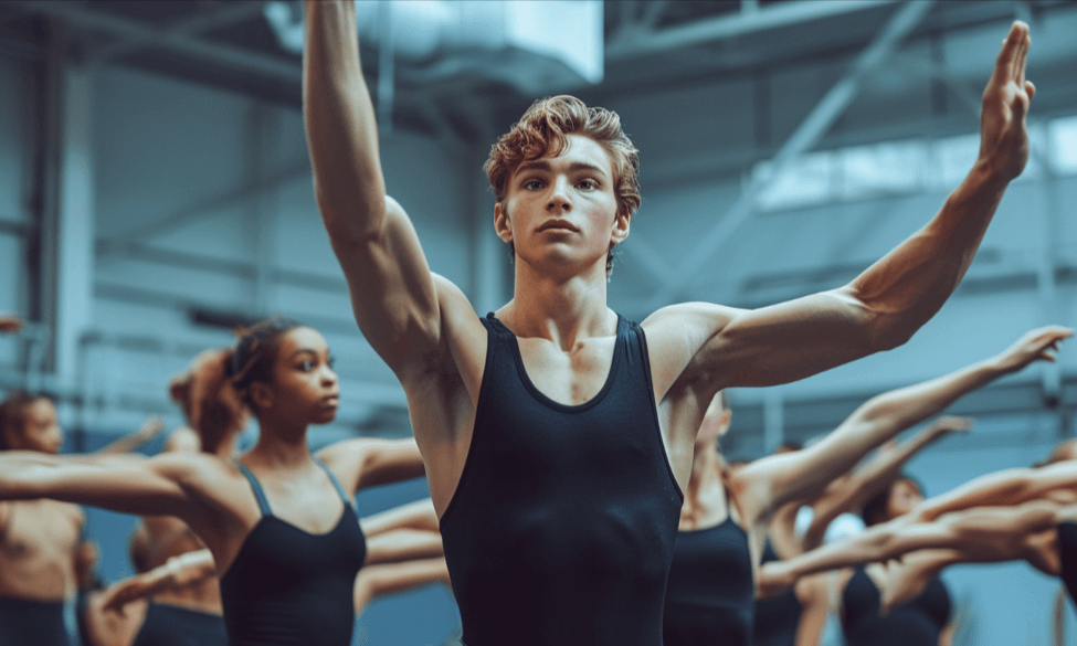 Choreographer leading ballet dance group in practice