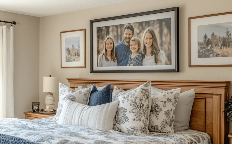 A family portrait hanging in the bedroom